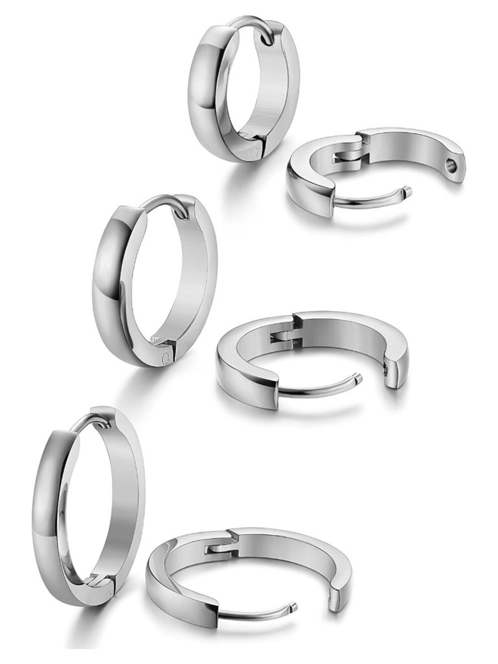 Stainless Steel Hoop Earrings 3 Pair Set Hinged Hoop Dome Huggie